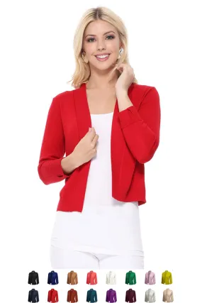 YEMAK Women's Classic 3/4 Sleeve Open Front Cropped Bolero Cardigan MK3558 (S-L)